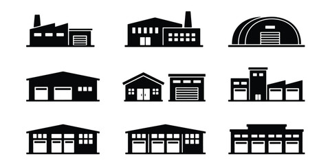 Naklejka premium Industrial warehouse icons set, black factory building silhouettes, 9 vector manufacturing plant symbols for logistics and supply chain infographics