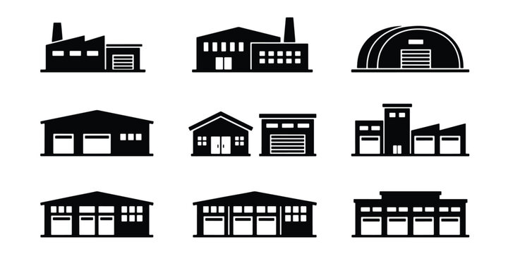 Industrial warehouse icons set, black factory building silhouettes, 9 vector manufacturing plant symbols for logistics and supply chain infographics