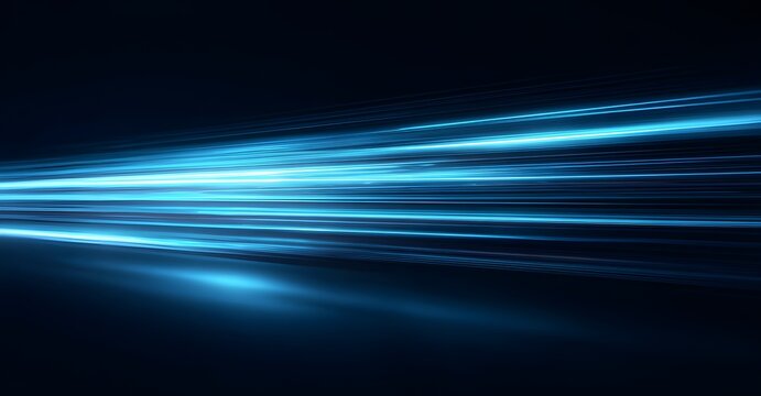 Horizontal blue light trails depicting high speed data transmission and fiber optic technology for global telecommunications and futuristic network connectivity in digital information world