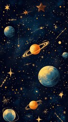 Naklejka premium A stylised night sky featuring planets and stars evokes a sense of mystery, providing an inspiring backdrop for space-themed illustrations.