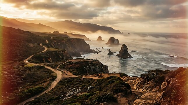 A scenic coastal road winds its way along rugged cliffs and rocky shores at sunset