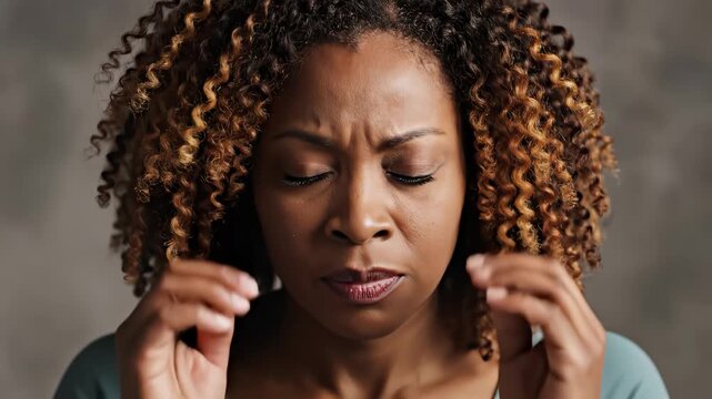 Woman holding head with hands showing discomfort for commercial backgrounds, digital design, and advertising