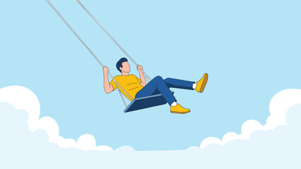 Young man sitting on a swing high up in the blue sky above white fluffy clouds, representing freedom and imagination. © Mr