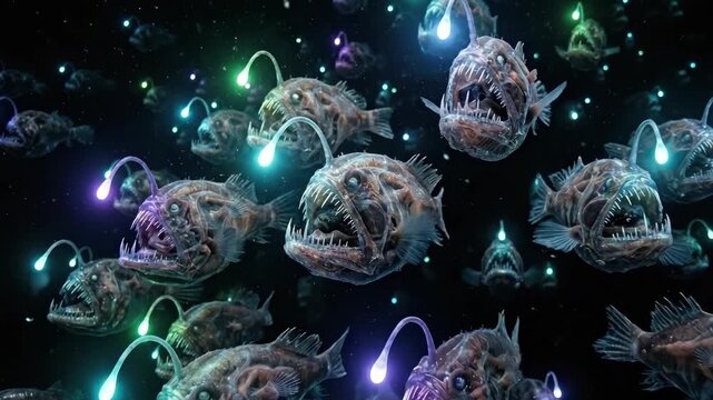A swarm of luminescent deep-sea anglerfish suspended in absolute black water, each creature's bioluminescent lure glowing a different cold colour, needle teeth catching