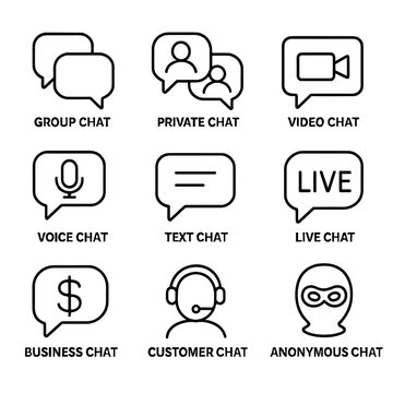Communication icons: group, private, video, voice, text, live, business, customer, anonymous