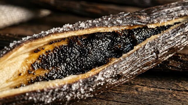 A macro view of a split open vanilla bean pod at peak cure, the interior showing thousands of microscopic vanilla seeds embedded in an oily resinoid matrix, the pod wall leathery