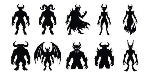 Demonic monster silhouettes set, 10 dark fantasy creature icons, evil devil and horned beast vector collection for gaming and horror design © Omar