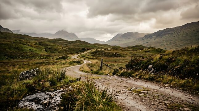 A winding dirt road through a green valley with mountains in the background under a cloudy sky