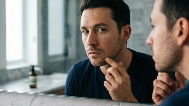 Man examining facial skin in mirror, checking blemish or acne, daily skincare routine, close-up reflection in bathroom, male grooming and selfcare concept