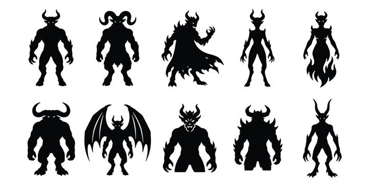 Demonic monster silhouettes set, 10 dark fantasy creature icons, evil devil and horned beast vector collection for gaming and horror design