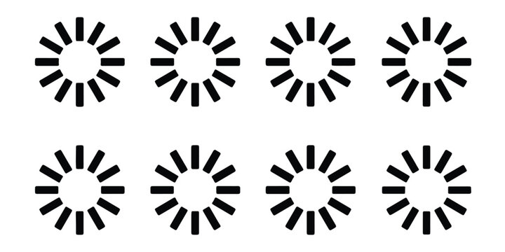 Minimalist loading icons set, black circular progress bar symbols, 8 vector buffering indicators for web interface and app design