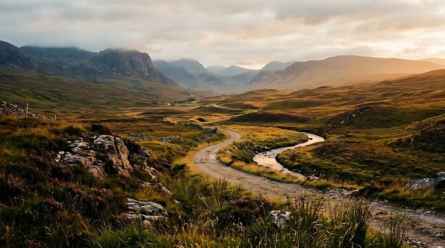 A winding road through a scenic valley surrounded by mountains at sunset