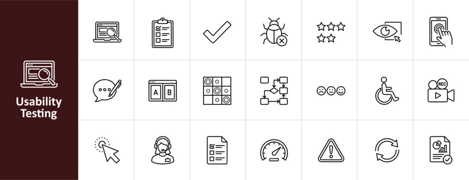Usability Testing and UX Research Line Icon Set - Minimalist User Experience and Product Design Vector Illustrations