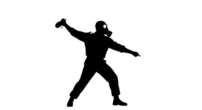 Silhouette of person in gas mask throwing Molotov cocktail, protest, riot, danger, dark background