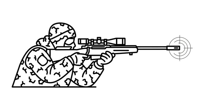 Sniper aiming rifle, military camouflage, tactical operation, precision shot, focus on target