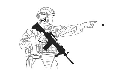 Obraz premium Soldier Aiming Rifle and Pointing Finger, Firing Bullet