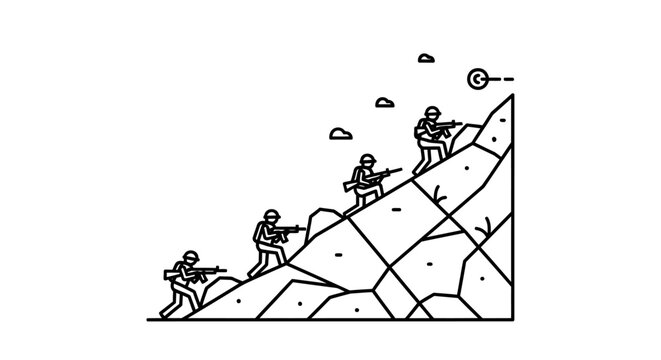 Soldiers climbing mountain to reach target, military strategy, teamwork, uphill battle, success concept