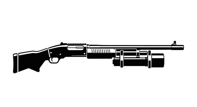 Tactical Shotgun with Tactical Light Attachment - Black and White Silhouette