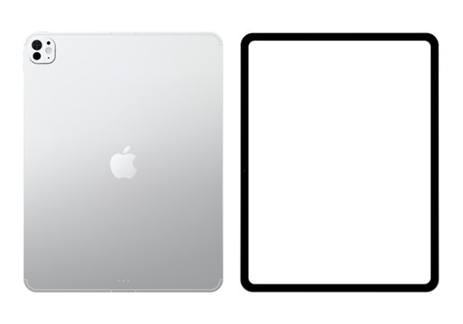 Photorealistic detailed Apple iPad Pro M5 13 inches 2025 Silver mockup. Real dimentions. Front and rear view isolated on transparent background. Vector editorial PNG
