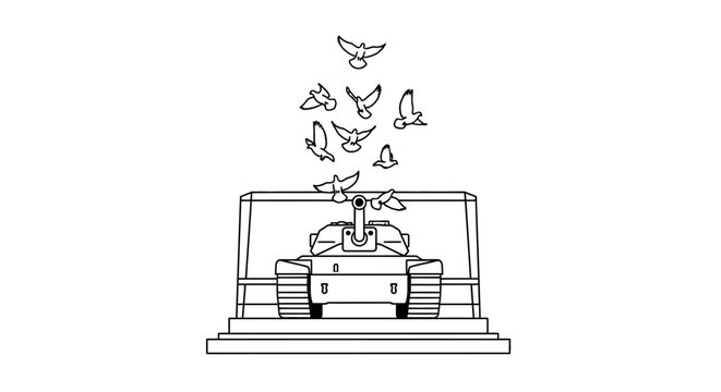 Tank transformed into peace symbol with doves flying out