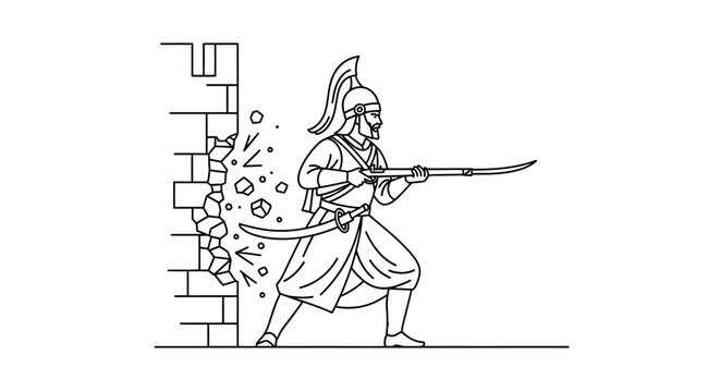 Warrior Breaking Through Wall with Rifle, Historical Military Action
