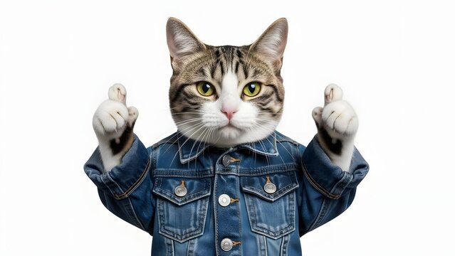 Cute tabby cat wearing a denim jacket gives two thumbs up