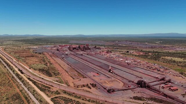 Wide aerial view over Sishen iron ore production plant in with surface mine