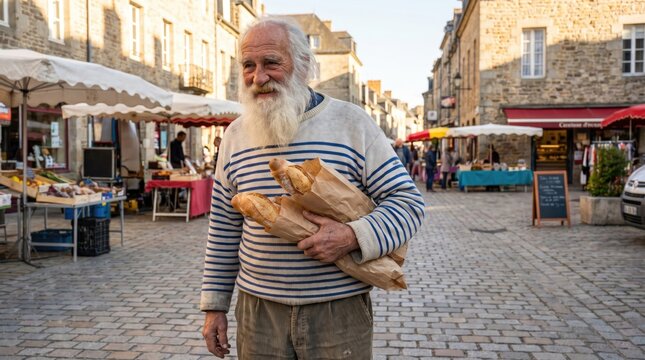 A kind old man with a long white beard holding a bag of freshly baked bread, possibly for sharing or donation