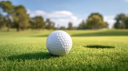 Obraz premium White Golf Ball on Green Grass Near Hole in Bright Outdoor Setting at Golf Course