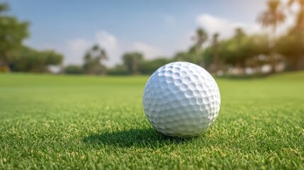 Obraz premium Golf Ball Resting on Verdant Green Grass Under Clear Blue Sky with Soft Sunlight Illuminating the Scene
