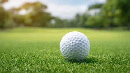 Obraz premium Close-Up Image of a White Golf Ball on a Lush Green Golf Course with Natural Light Highlights