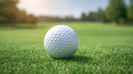 Obraz premium Close-Up View of a White Golf Ball on a Green Grass Landscape Under Bright Sunshine