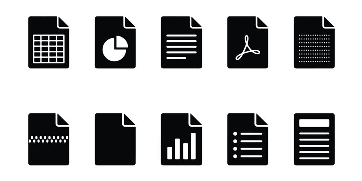 Minimalist document file icons set, 10 black solid vector symbols for data management, business report and office paperwork interface elements