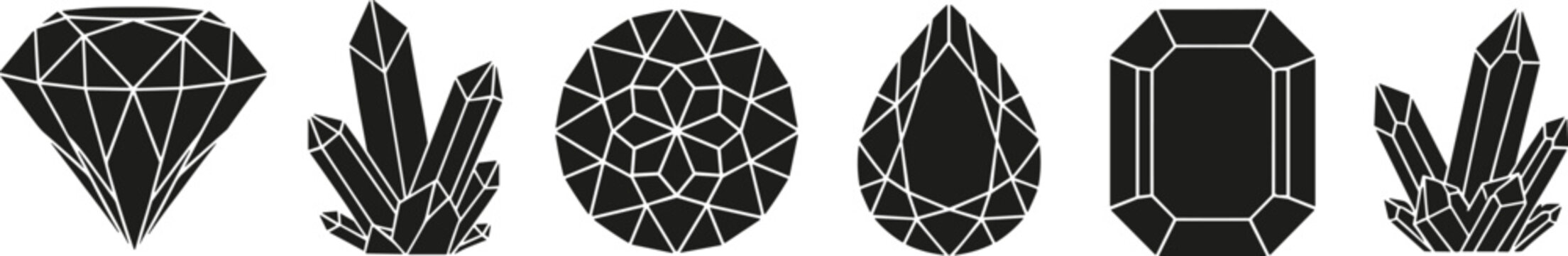 Gemstone icons, crystal silhouettes, diamond cut, round brilliant, pear shape, emerald cut, faceted design, geometric jewel, mineral vector, illustration set