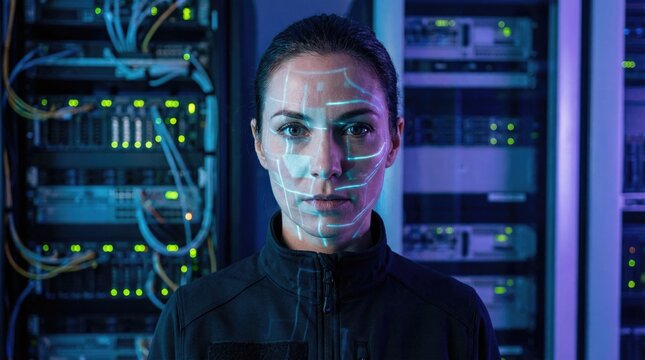 A person standing next to rows of computer servers in a data center or IT facility