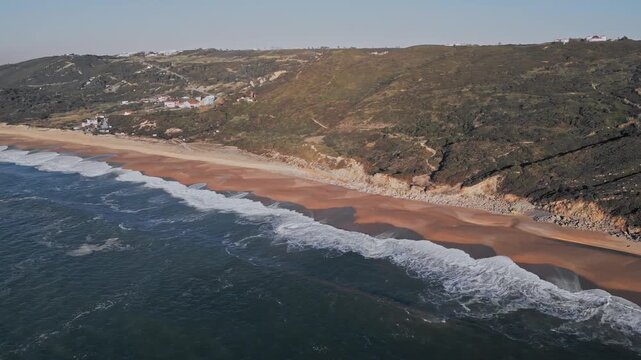 Aerial view of Praia do Salgado, Nazare beach, scenic and serene
