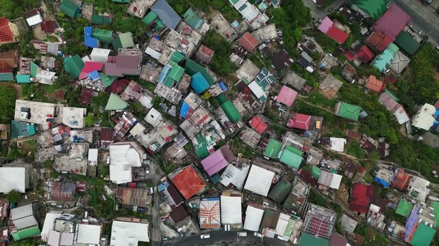 Roofscape Of Dense Residential Structures In Baguio City, Philippines. Aerial Topdown Shot