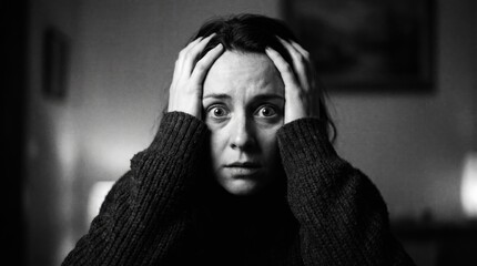 Naklejka premium A woman sitting or standing, with hands placed on top of her head, in a grayscale photograph