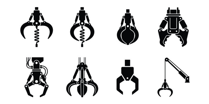 Industrial crane claw icons set, 8 mechanical grabber vector silhouettes, heavy machinery hydraulic lifting equipment for construction and recycling
