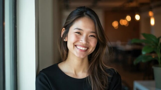 Cheerful young Asian woman with long brown hair smiling warmly, standing by a window in a modern indoor setting. Natural lighting enhances her friendly and approachable expression.