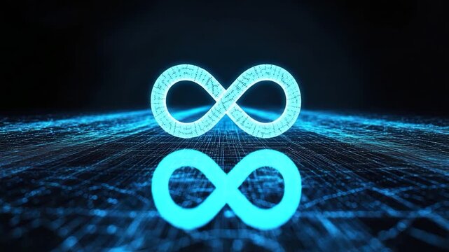 Two glowing infinity symbols over a network of lines and dots on a dark blue background