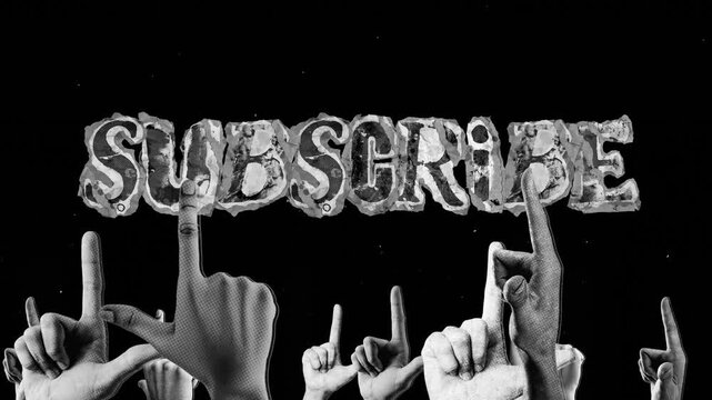A looping background of spinning hands in a halftone print style with the word subscribe animated from grunge paper style lettering.
