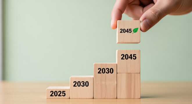 Sustainable Development Goals Concept Wooden Blocks Timeline 2025, 2030, 2045 Green Energy Future Sustainability