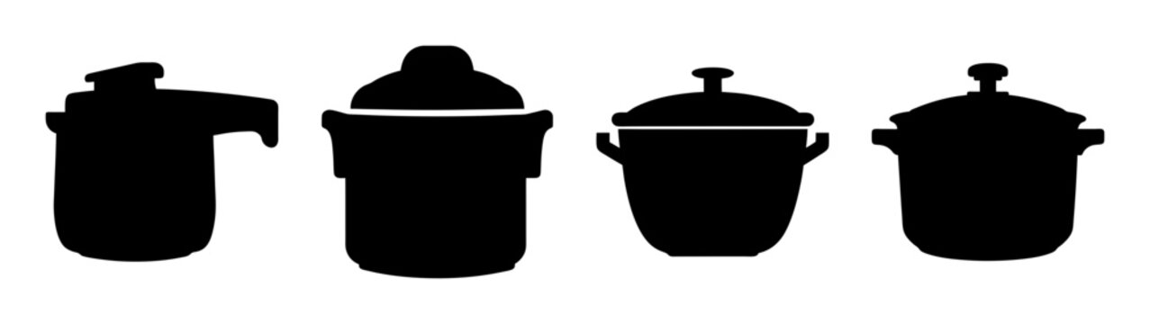 Set of four black kitchen pressure cookers isolated on white background