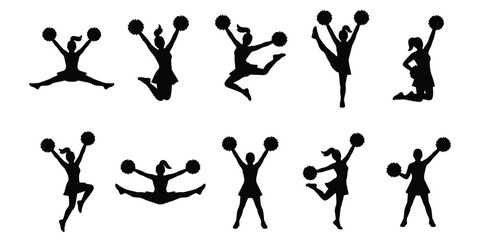 Cheerleader silhouette collection, 10 cheerleading icons with pom poms, athletic girls jumping and dancing vector set for sports events