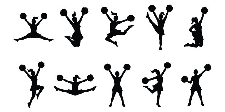 Cheerleader silhouette collection, 10 cheerleading icons with pom poms, athletic girls jumping and dancing vector set for sports events