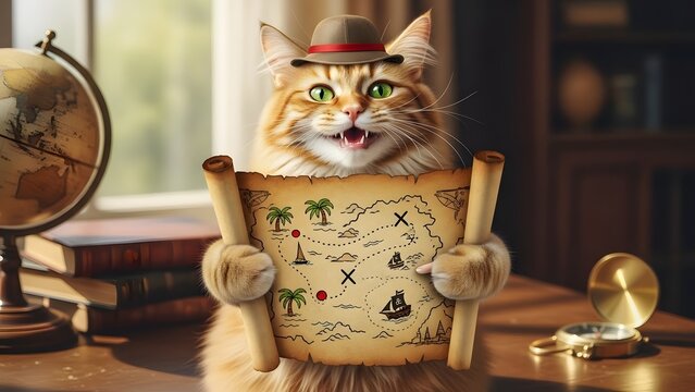 Cute Cat Explorer Holding Treasure Map Ready for Adventure