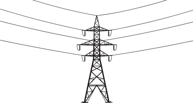 Electric power transmission tower, high voltage lines, energy infrastructure, industrial structure isolated PNG with Transparent Background