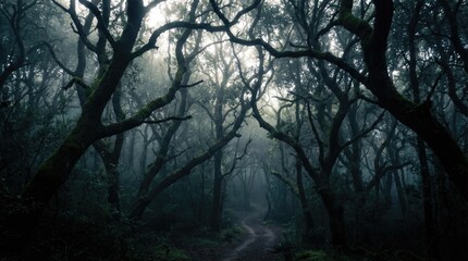 Naklejka premium A dirt road winding through dense forest foliage
