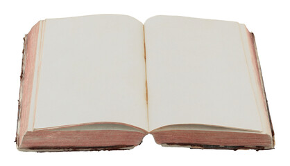 Fototapeta premium Open antique book showing blank aged pages, isolated on transparent background. Ideal for historical, educational, or design projects
